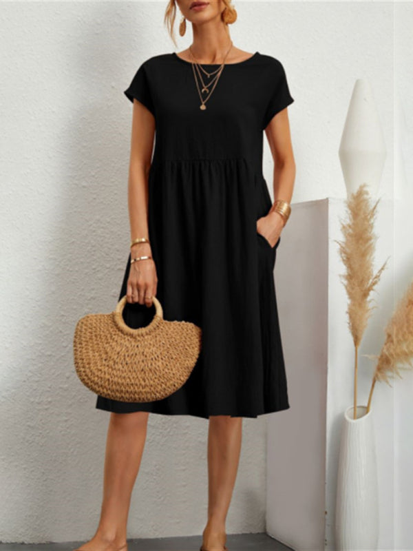 Solid Cotton A-Line Dress – Short Sleeves, Round Neck, Flowy Fit
