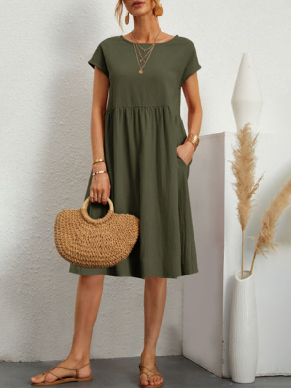 Solid Cotton A-Line Dress – Short Sleeves, Round Neck, Flowy Fit
