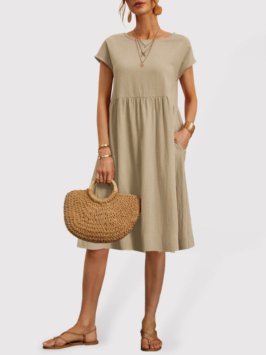 Solid Cotton A-Line Dress – Short Sleeves, Round Neck, Flowy Fit