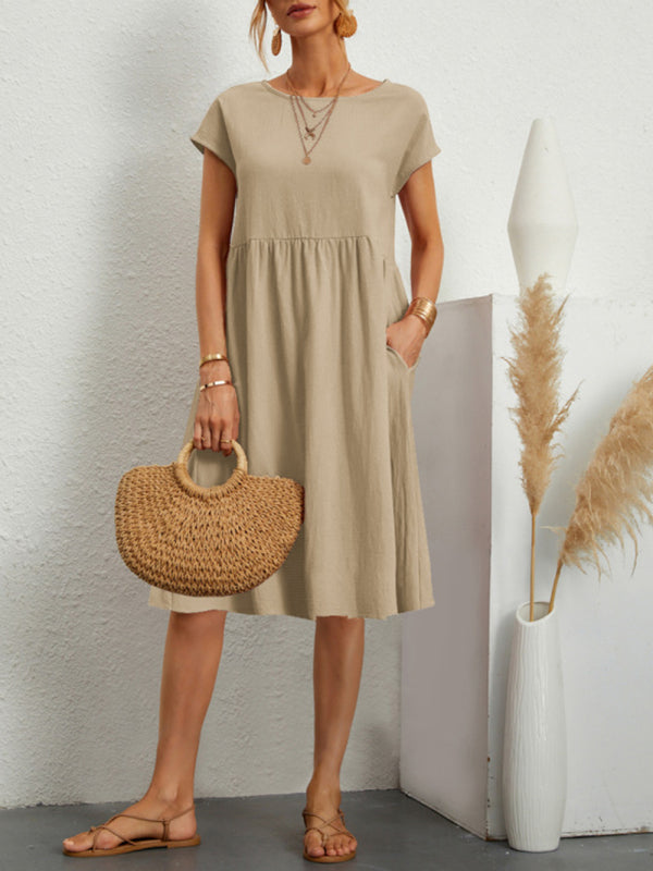 Solid Cotton A-Line Dress – Short Sleeves, Round Neck, Flowy Fit