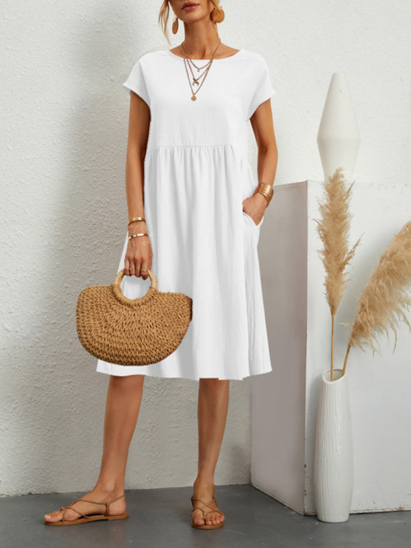 Solid Cotton A-Line Dress – Short Sleeves, Round Neck, Flowy Fit