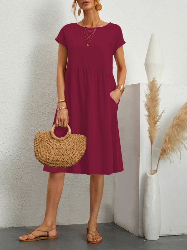 Solid Cotton A-Line Dress – Short Sleeves, Round Neck, Flowy Fit