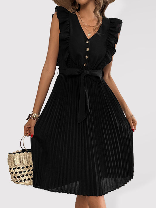 Ruffle Pleated Summer Sleeveless Dress – V-Neck, High Waist, Lightweight