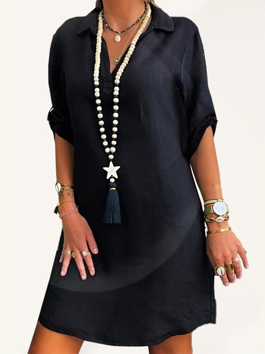 Cotton-Linen Long Sleeve Shirt Dress – Relaxed Fit, Lapel Collar