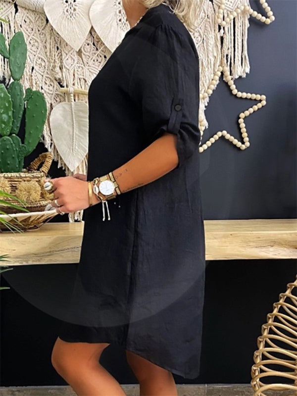Cotton-Linen Long Sleeve Shirt Dress – Relaxed Fit, Lapel Collar