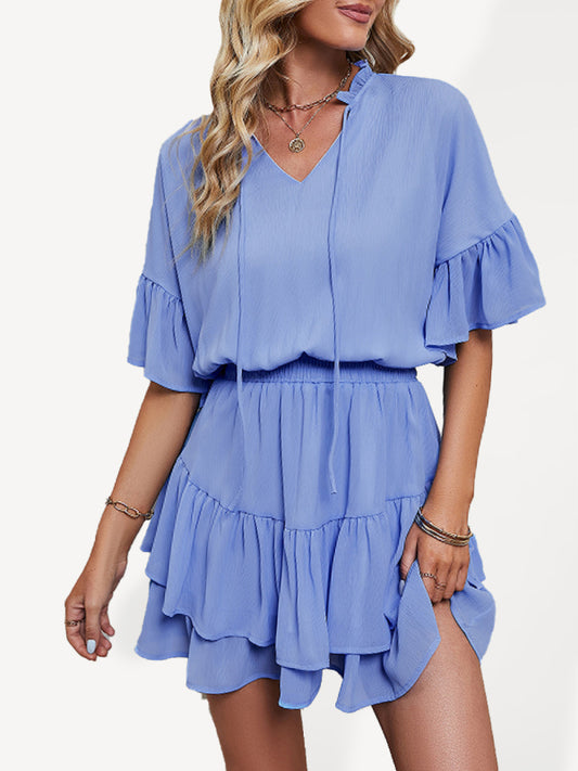Ruffle V-Neck Solid Dress – Short Sleeve Spring Summer Look