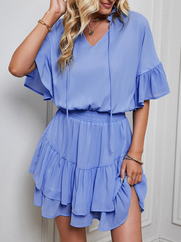Ruffle V-Neck Solid Dress – Short Sleeve Spring Summer Look