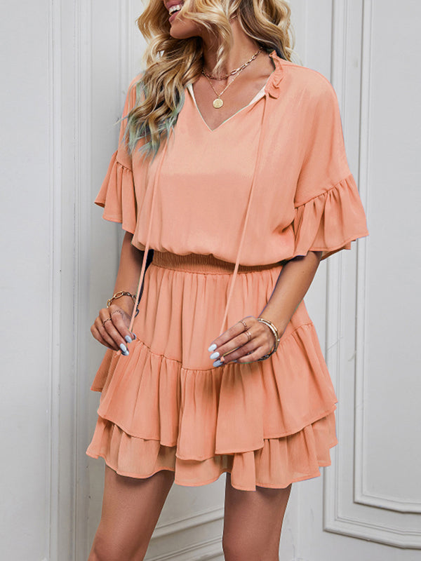 Ruffle V-Neck Solid Dress – Short Sleeve Spring Summer Look