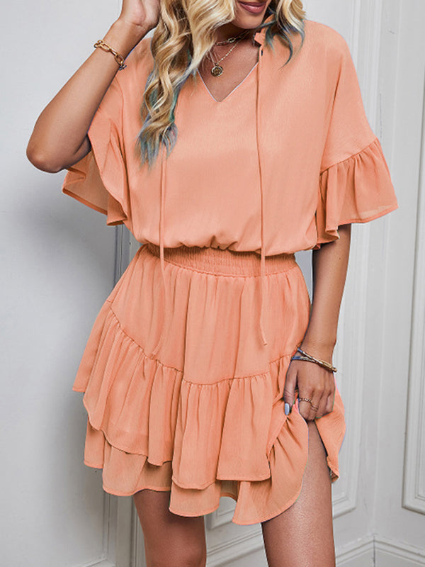 Ruffle V-Neck Solid Dress – Short Sleeve Spring Summer Look