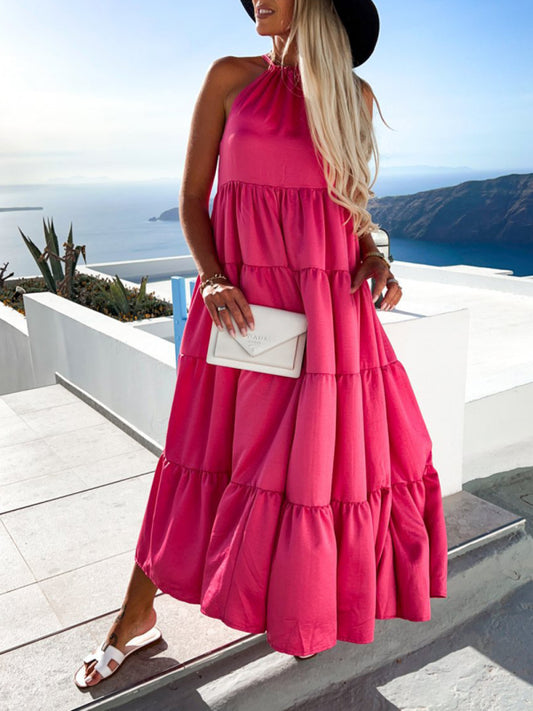 Rose Ruched Swing Skirt Maxi Dress – Sleeveless Beach Vacation Dress