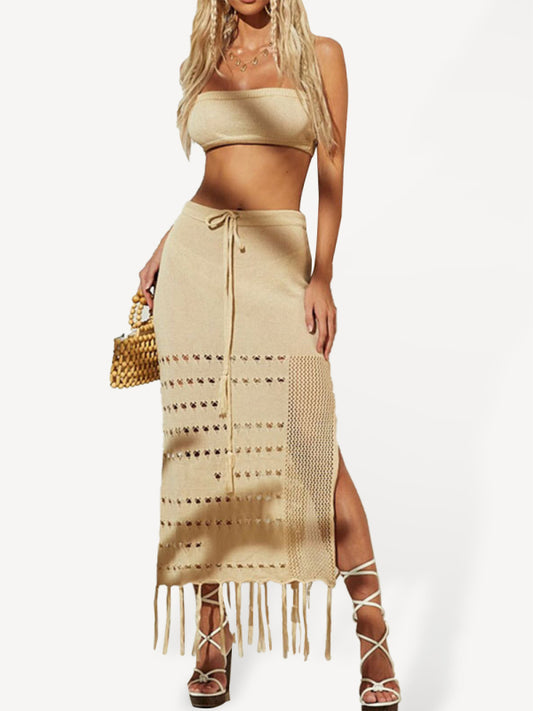 Women's Two-Piece Tassel Beach Cover-Up Set – Strapless Wrap Top & Skirt
