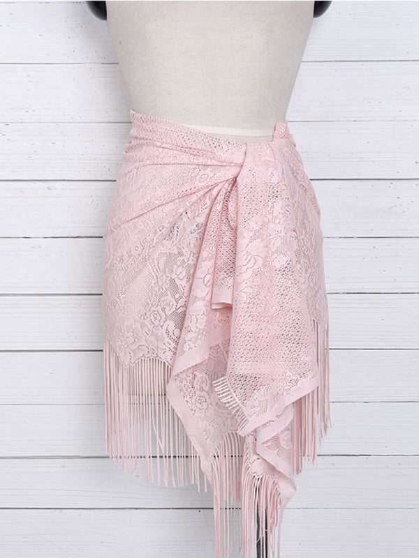 Lace Tassel Beach Cover-Up Skirt – Sheer Knit Wrap for Pool & Resort