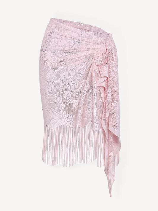 Lace Tassel Beach Cover-Up Skirt – Sheer Knit Wrap for Pool & Resort