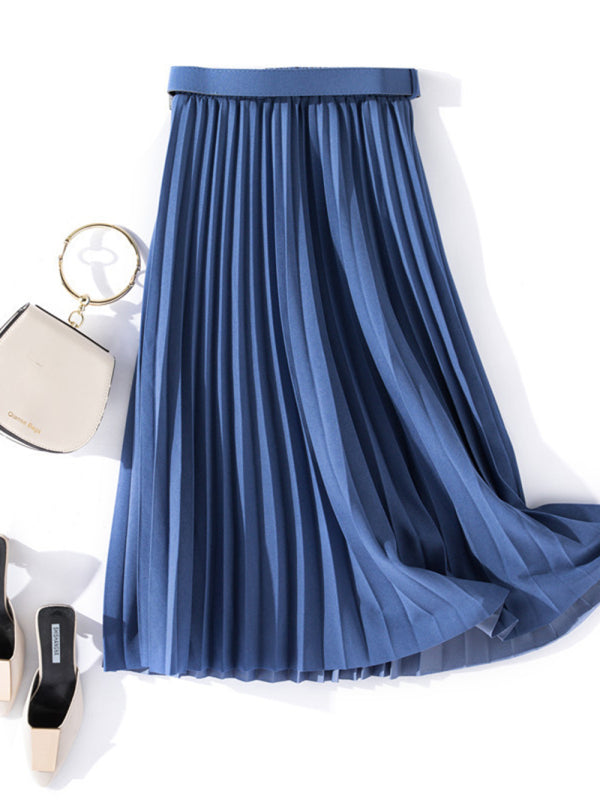 Pleated Mid-Length A-Line Skirt with High Waist