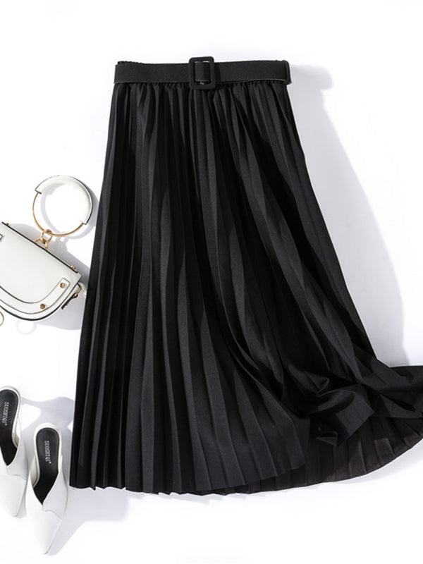 Pleated Mid-Length A-Line Skirt with High Waist
