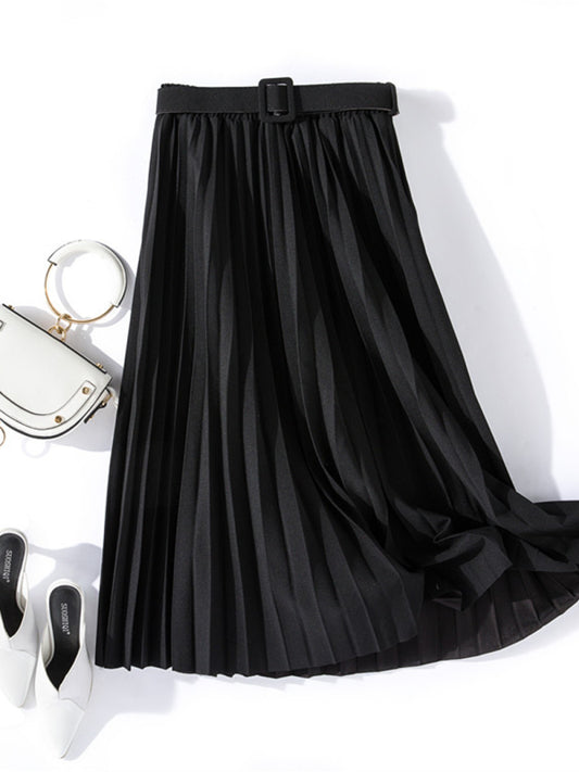 Pleated Mid-Length A-Line Skirt with High Waist