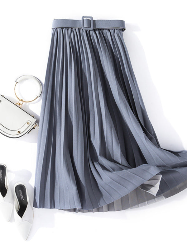 Pleated Mid-Length A-Line Skirt with High Waist