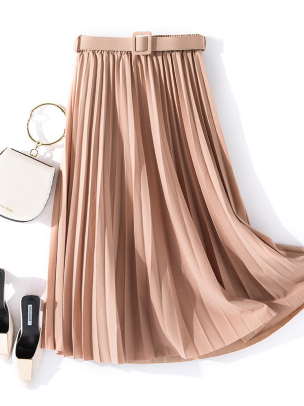 Pleated Mid-Length A-Line Skirt with High Waist