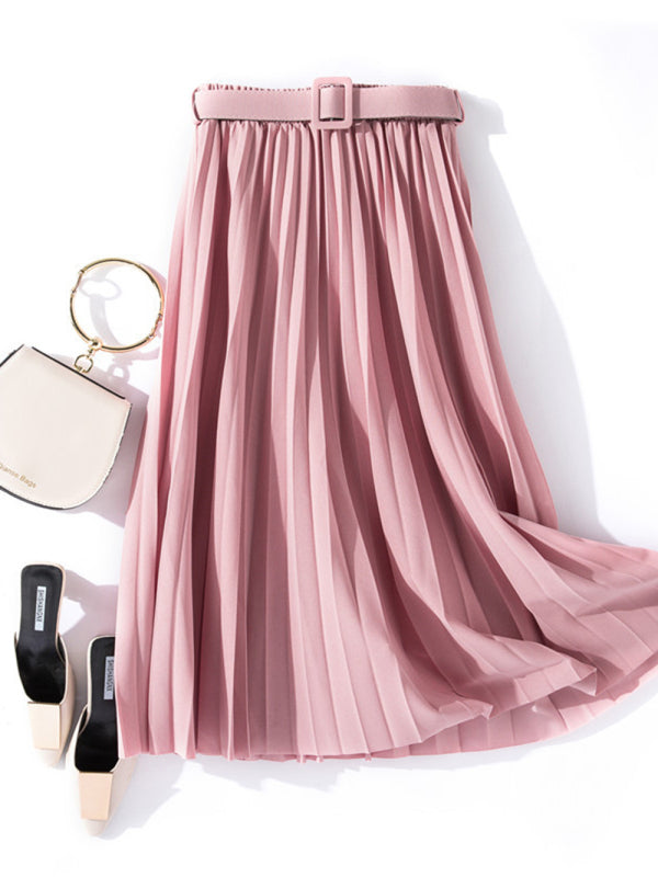 Pleated Mid-Length A-Line Skirt with High Waist