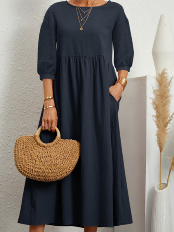 Lantern Sleeve Cotton-Blend Midi Dress – Lightweight & Flowy for Summer