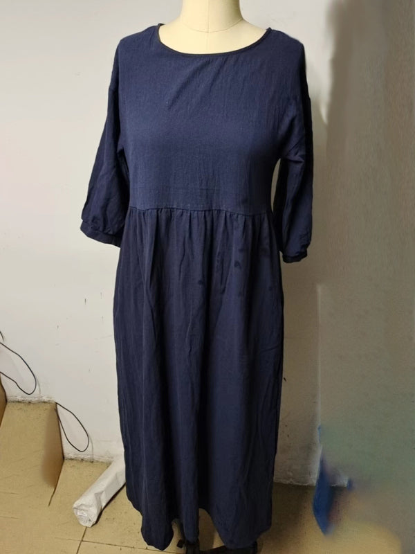 Lantern Sleeve Cotton-Blend Midi Dress – Lightweight & Flowy for Summer