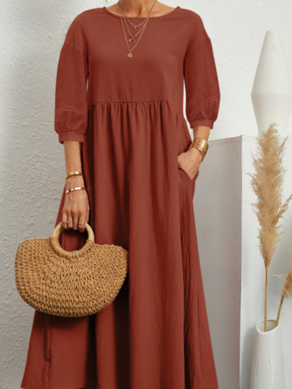 Lantern Sleeve Cotton-Blend Midi Dress – Lightweight & Flowy for Summer