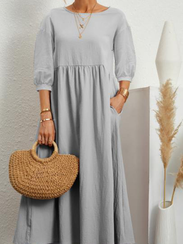Lantern Sleeve Cotton-Blend Midi Dress – Lightweight & Flowy for Summer