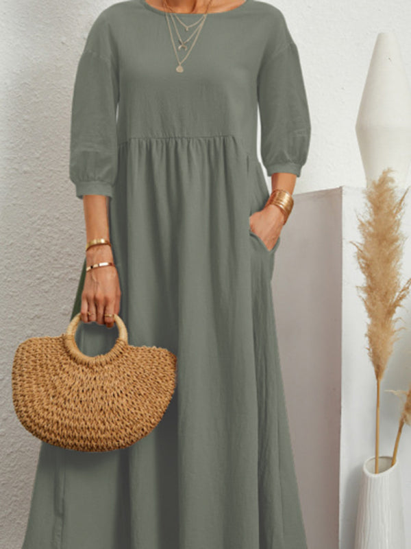 Lantern Sleeve Cotton-Blend Midi Dress – Lightweight & Flowy for Summer
