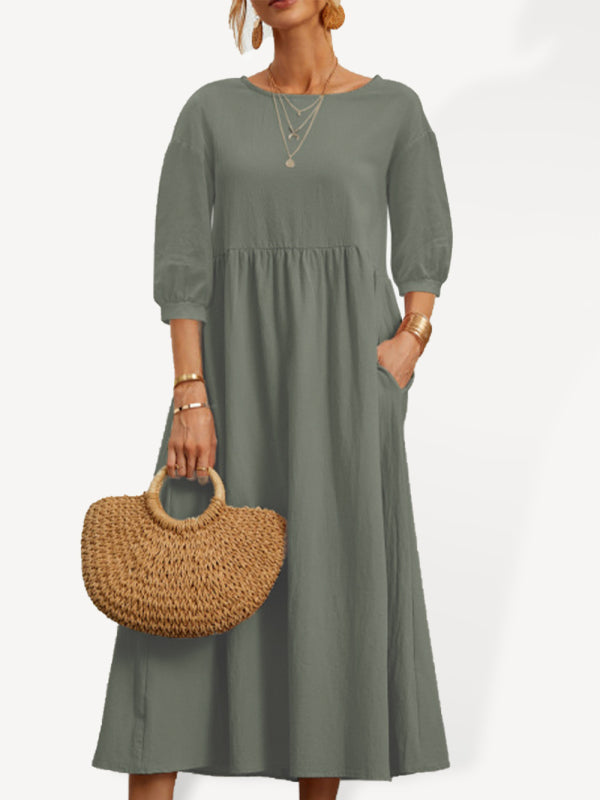 Lantern Sleeve Cotton-Blend Midi Dress – Lightweight & Flowy for Summer