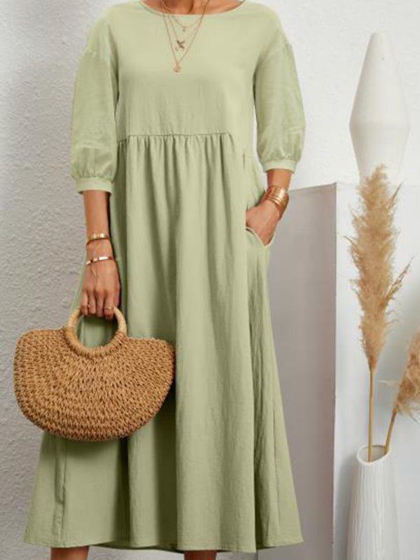 Lantern Sleeve Cotton-Blend Midi Dress – Lightweight & Flowy for Summer