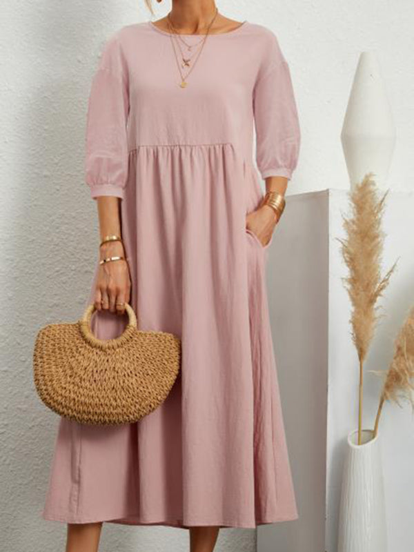 Lantern Sleeve Cotton-Blend Midi Dress – Lightweight & Flowy for Summer