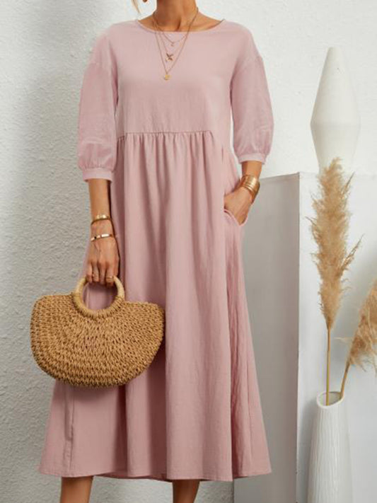 Lantern Sleeve Cotton-Blend Midi Dress – Lightweight & Flowy for Summer