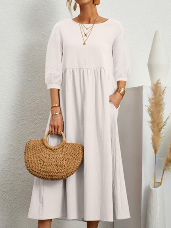 Lantern Sleeve Cotton-Blend Midi Dress – Lightweight & Flowy for Summer