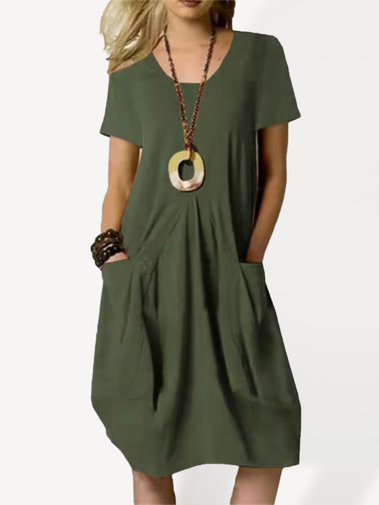 Loose Fit Midi Swing Dress with Pockets – Short Sleeves & Round Neck