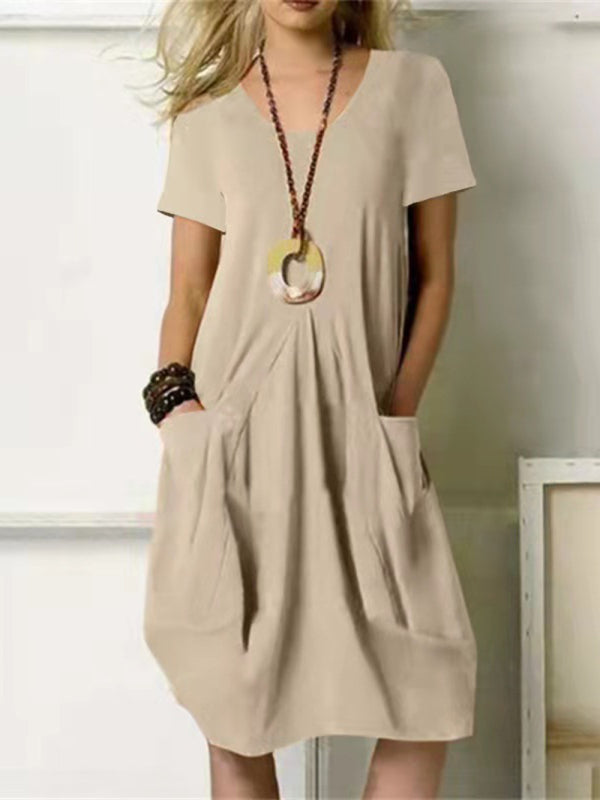 Loose Fit Midi Swing Dress with Pockets – Short Sleeves & Round Neck