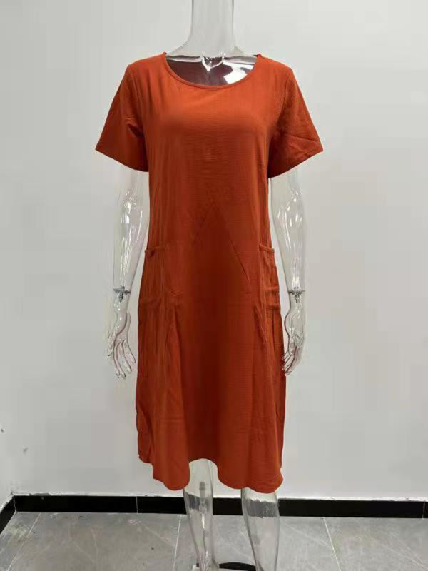 Loose Fit Midi Swing Dress with Pockets – Short Sleeves & Round Neck