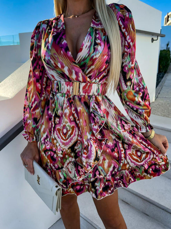 Printed Waist V-Neck Long-Sleeved Dress – Lightweight Grace Style for Spring
