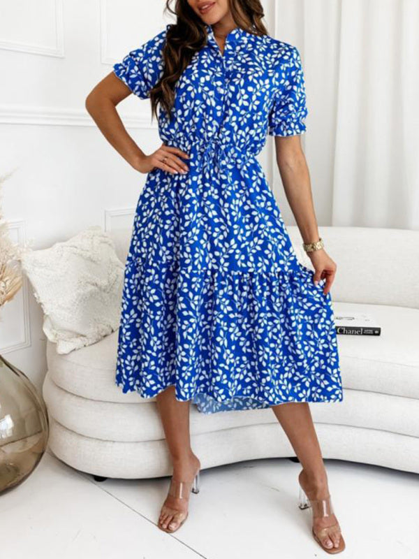 Printed Waist Swing Dress – Short Sleeve Fit & Flare for Spring & Summer