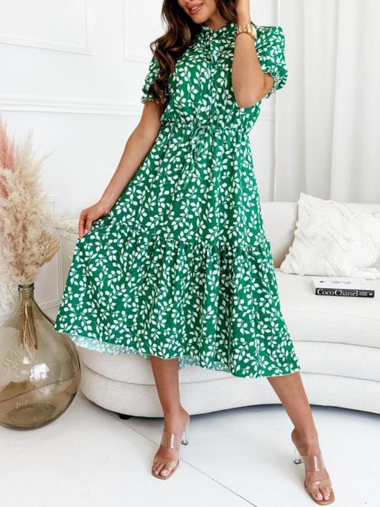 Printed Waist Swing Dress – Short Sleeve Fit & Flare for Spring & Summer