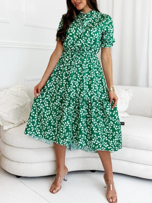 Printed Waist Swing Dress – Short Sleeve Fit & Flare for Spring & Summer