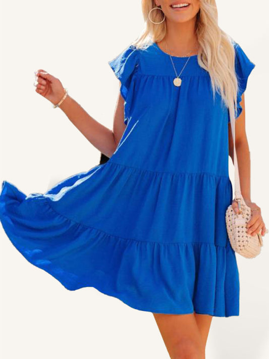 Pleated Solid Short Sleeve Dress – Lightweight Woven Fabric