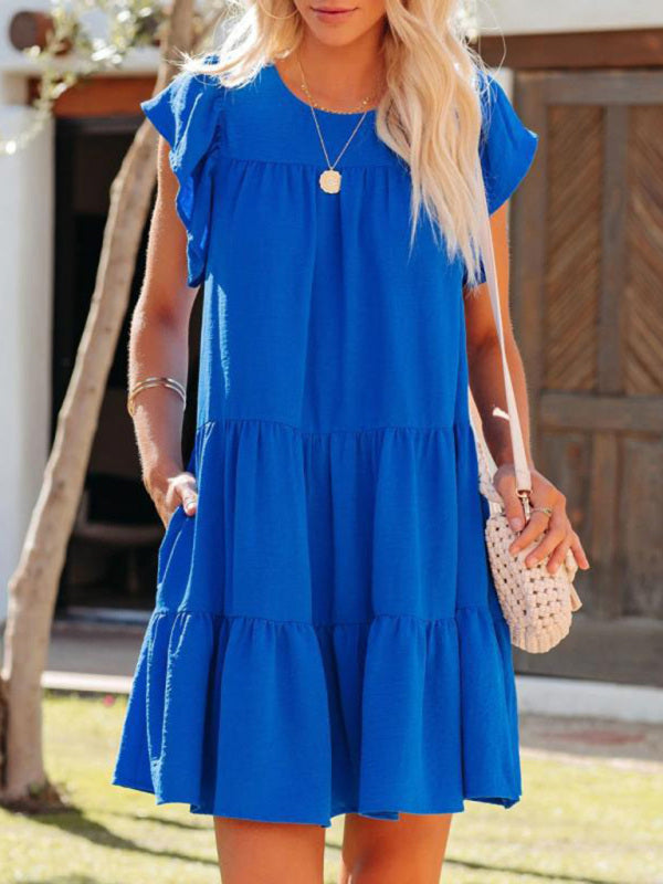 Pleated Solid Short Sleeve Dress – Lightweight Woven Fabric