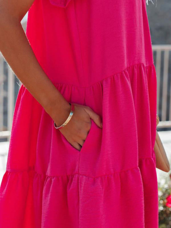 Pleated Solid Short Sleeve Dress – Lightweight Woven Fabric