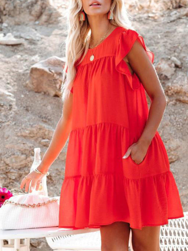 Pleated Solid Short Sleeve Dress – Lightweight Woven Fabric