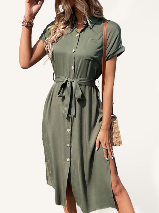 Green Lapel Tie-Waist Shirt Dress – Sleeveless Woven Leisurewear
