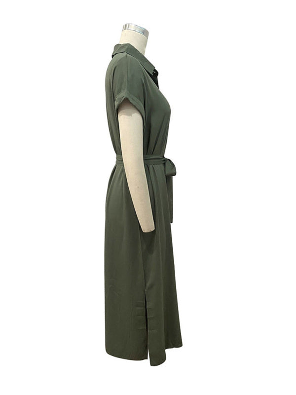 Green Lapel Tie-Waist Shirt Dress – Sleeveless Woven Leisurewear