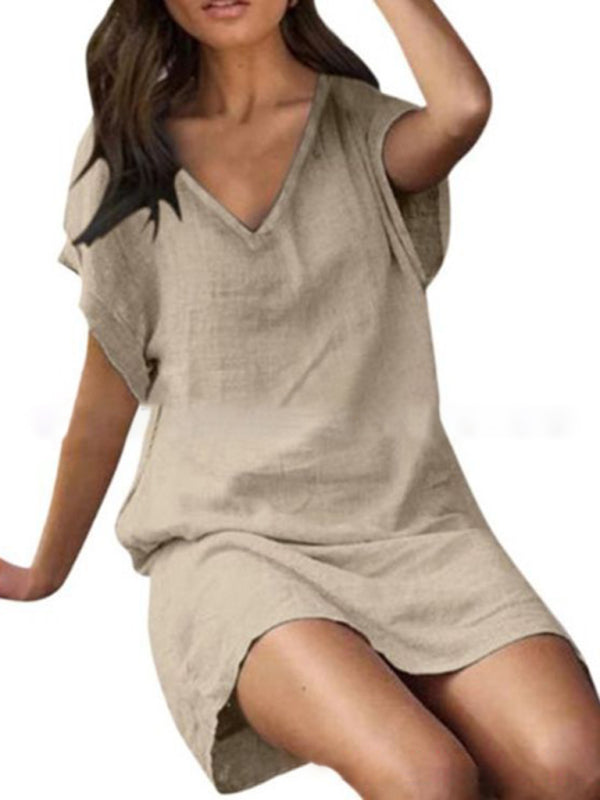 Cotton-Linen Loose V-Neck Midi Dress – Lightweight, Short Sleeves, Solid Colors