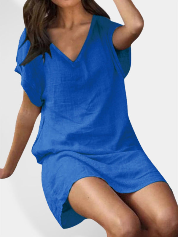 Cotton-Linen Loose V-Neck Midi Dress – Lightweight, Short Sleeves, Solid Colors