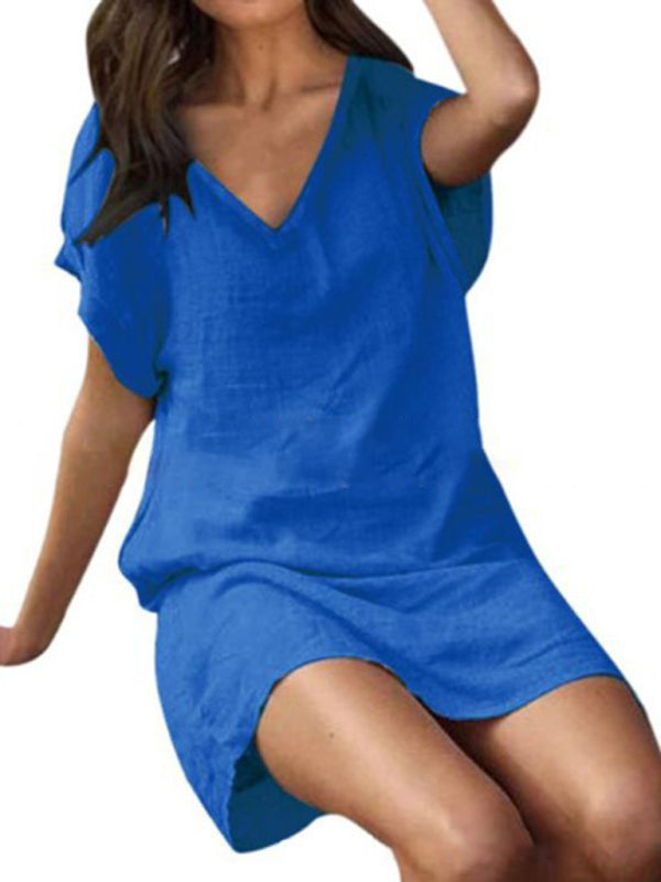 Cotton-Linen Loose V-Neck Midi Dress – Lightweight, Short Sleeves, Solid Colors