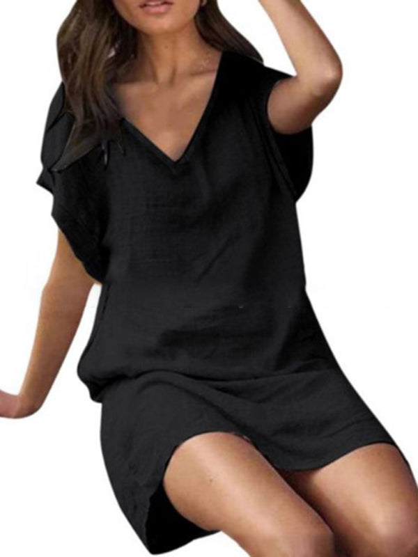 Cotton-Linen Loose V-Neck Midi Dress – Lightweight, Short Sleeves, Solid Colors